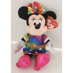 Ty MINNIE MOUSE Sparkle Beanie Baby Rainbow Polka Dot Dress 6" Dollar Toy Plush